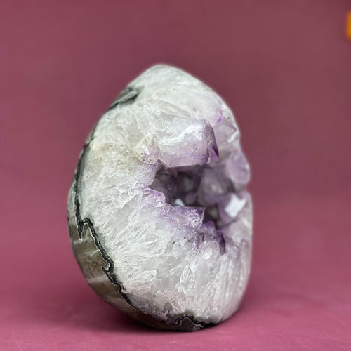 Amethyst Geode Crystal Egg with incredible Agate formations, Natural cave shaped polished agate stone
