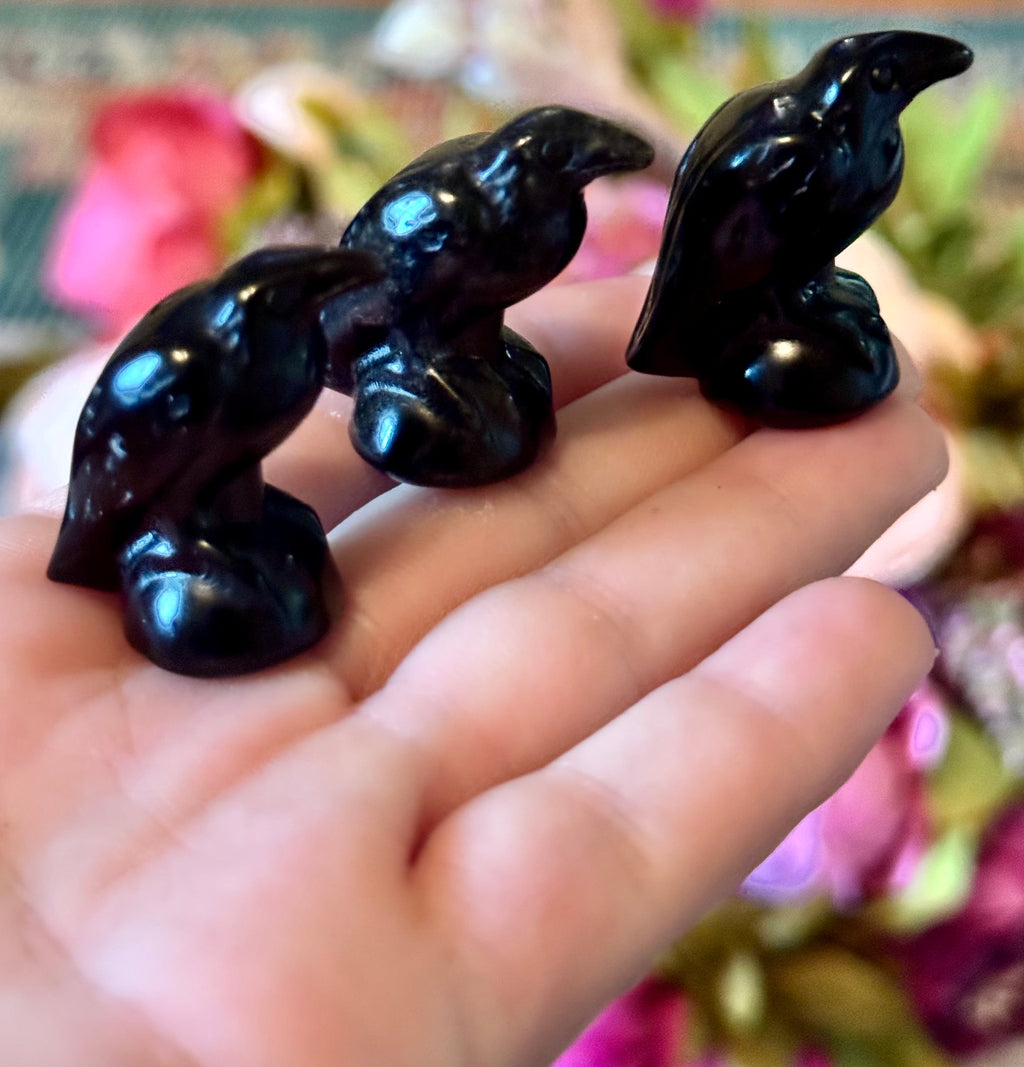Black Obsidian Raven / Crow Figurine, Crystal Raven, Stone Crow